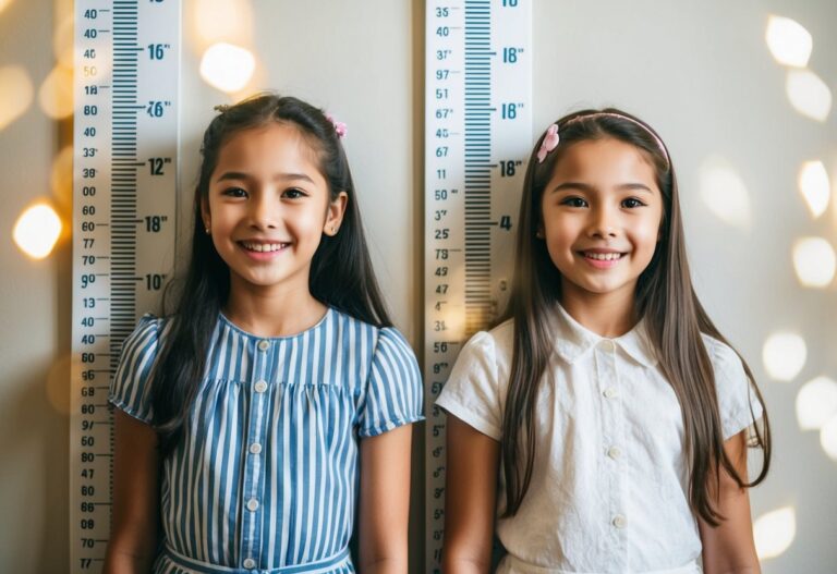 Alturas de duas meninas medidas em um gráfico na parede