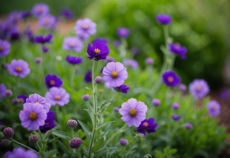 Um jardim de flores verdes e roxas