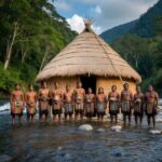 Um grupo de indígenas em pé na frente de uma casa tradicional, cercado por uma floresta exuberante e um rio fluente, simbolizando seus direitos e conexão com a terra.