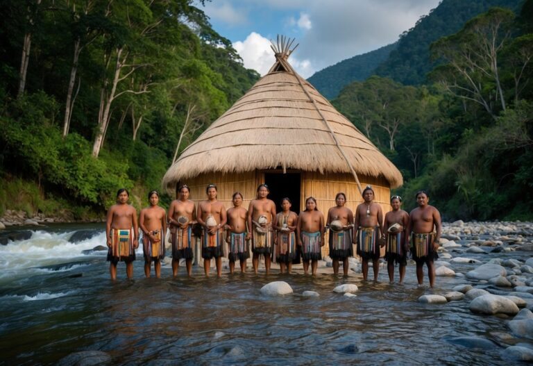 Um grupo de indígenas em pé na frente de uma casa tradicional, cercado por uma floresta exuberante e um rio fluente, simbolizando seus direitos e conexão com a terra.