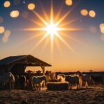 Uma estrela brilhante brilha sobre um estábulo humilde, onde os animais se reúnem em torno de uma manjedoura.