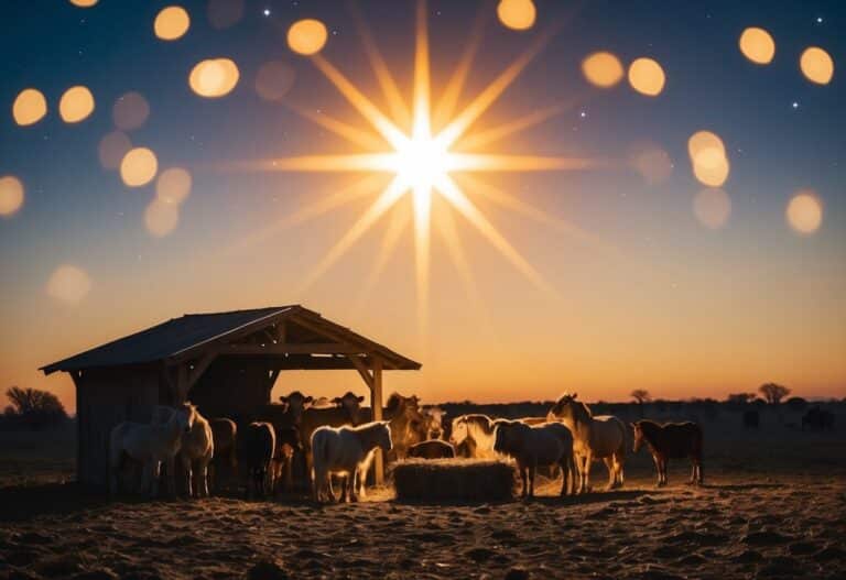Uma estrela brilhante brilha sobre um estábulo humilde, onde os animais se reúnem em torno de uma manjedoura.