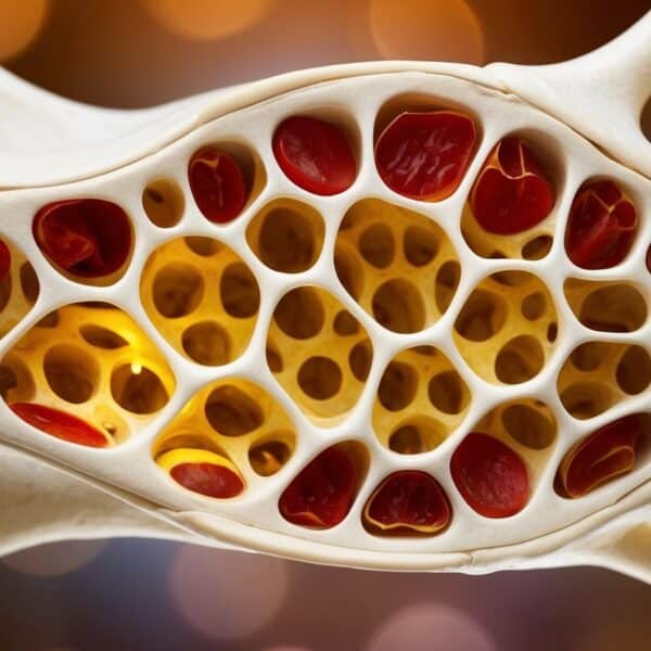 Uma rede de trabéculas interconectadas dentro de um osso, semelhante a uma estrutura de colmeia, preenchida com medula óssea vermelha e amarela