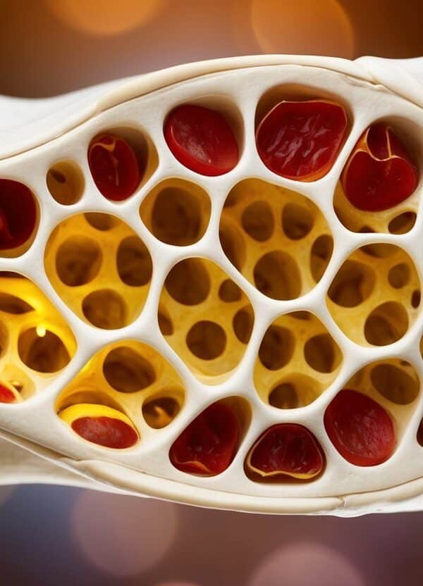 Uma rede de trabéculas interconectadas dentro de um osso, semelhante a uma estrutura de colmeia, preenchida com medula óssea vermelha e amarela