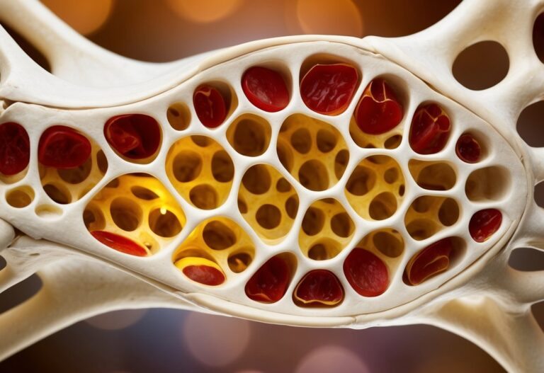 Uma rede de trabéculas interconectadas dentro de um osso, semelhante a uma estrutura de colmeia, preenchida com medula óssea vermelha e amarela