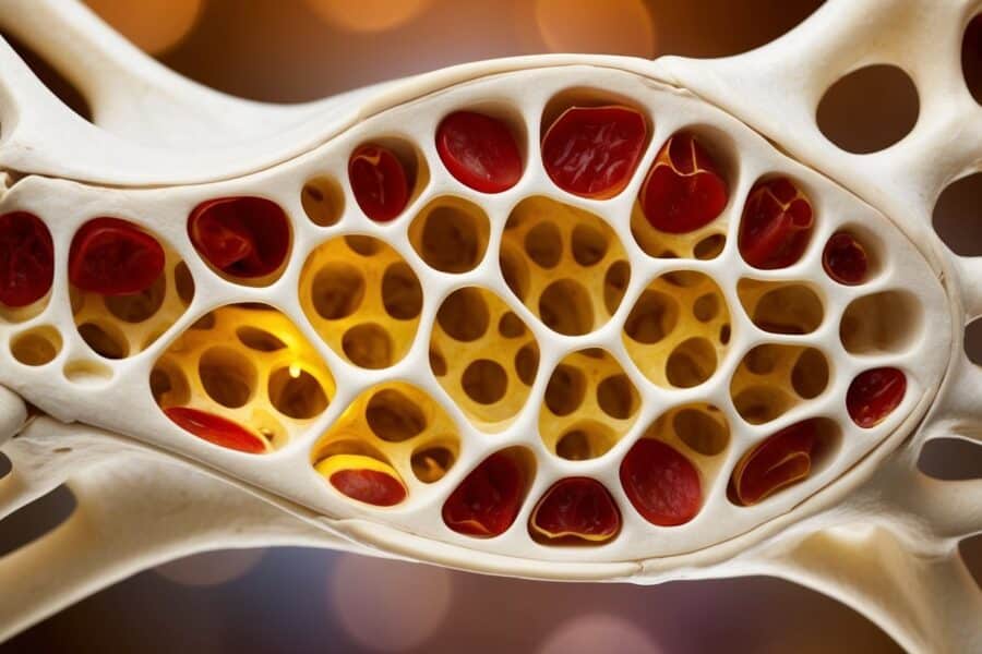 Uma rede de trabéculas interconectadas dentro de um osso, semelhante a uma estrutura de colmeia, preenchida com medula óssea vermelha e amarela