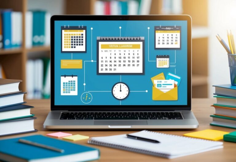 Um laptop exibindo uma sala de aula virtual com um calendário e um relógio, cercado por livros e materiais de estudo