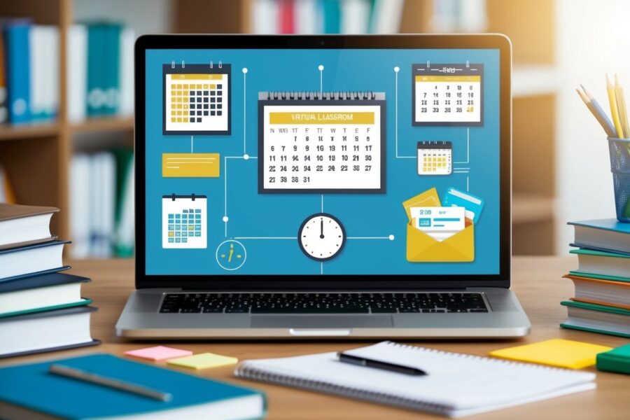 Um laptop exibindo uma sala de aula virtual com um calendário e um relógio, cercado por livros e materiais de estudo