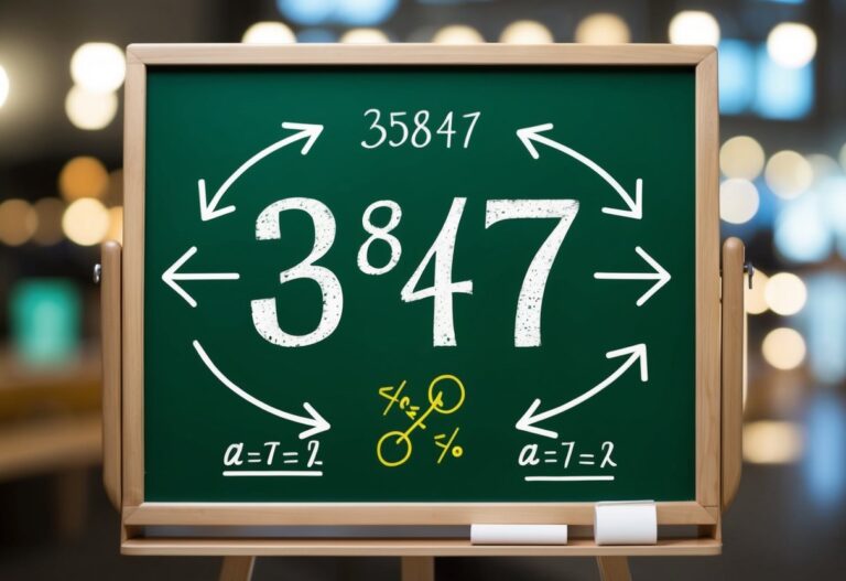 Um quadro negro com o número 3847 na parte superior, cercado por setas e símbolos matemáticos indicando decomposição.
