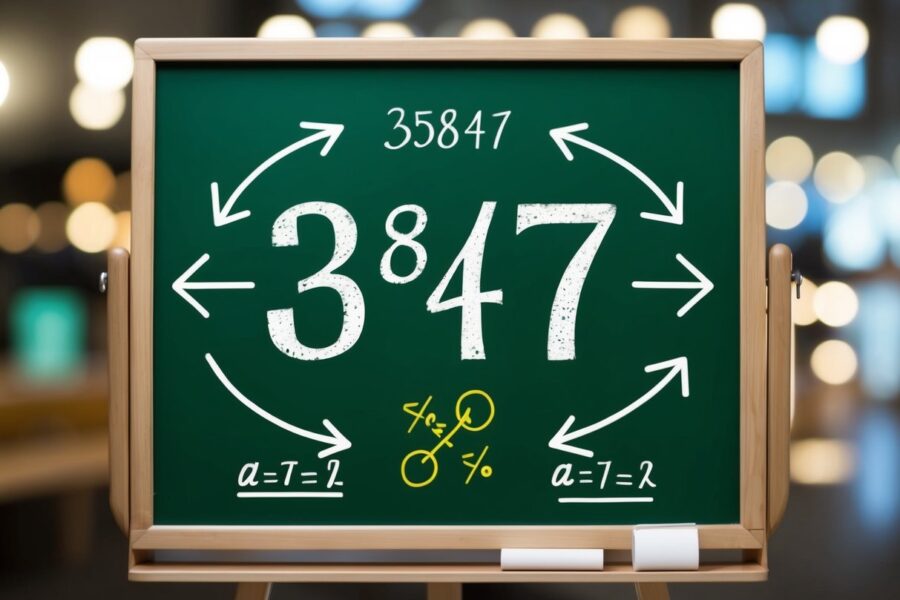Um quadro negro com o número 3847 na parte superior, cercado por setas e símbolos matemáticos indicando decomposição.
