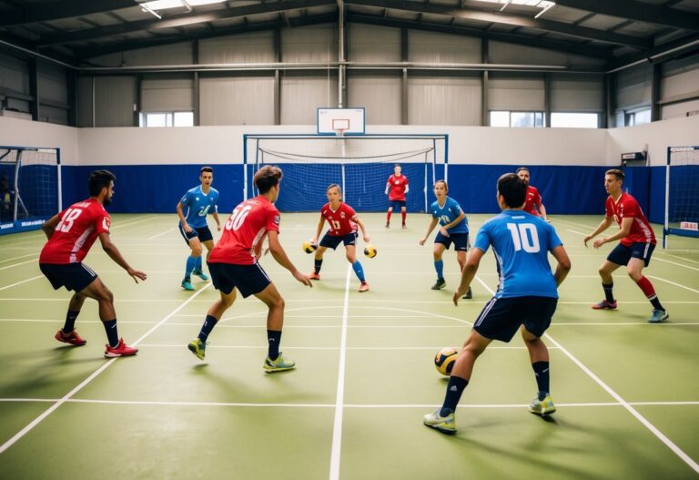 Uma quadra de handebol com jogadores em movimento, passando e chutando em direção ao gol, enquanto seguem as 7 principais regras do jogo.