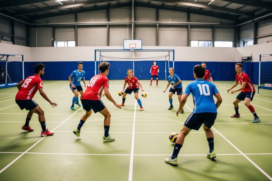 Uma quadra de handebol com jogadores em movimento, passando e chutando em direção ao gol, enquanto seguem as 7 principais regras do jogo.