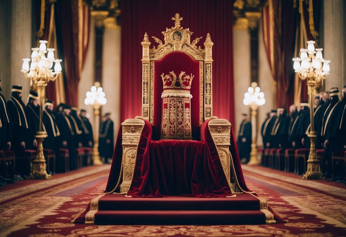 Um trono régio está vazio, coberto por tecidos ricos e cercado por decorações ornamentadas. Uma atmosfera sombria preenche o grande salão, insinuando a passagem de um governante poderoso.