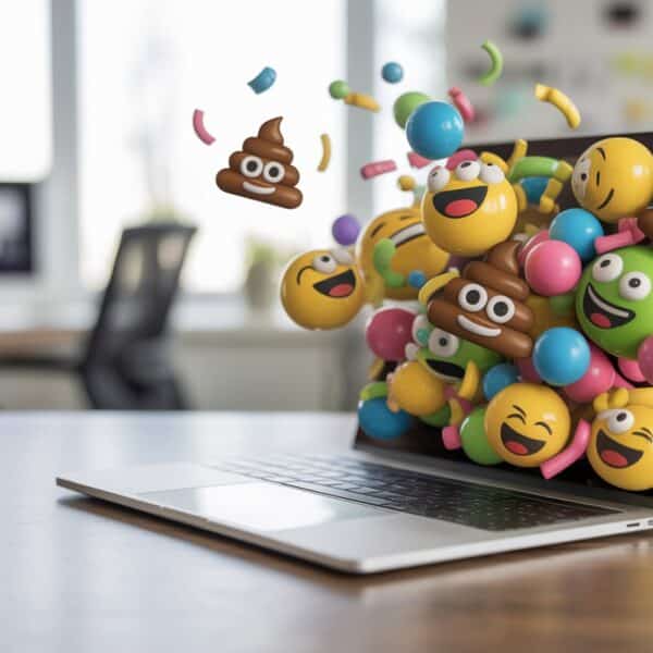 Mesa de escritório moderna com laptop mostrando uma colagem digital colorida de memes e emojis engraçados flutuando acima do teclado.