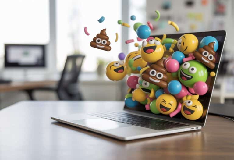 Mesa de escritório moderna com laptop mostrando uma colagem digital colorida de memes e emojis engraçados flutuando acima do teclado.