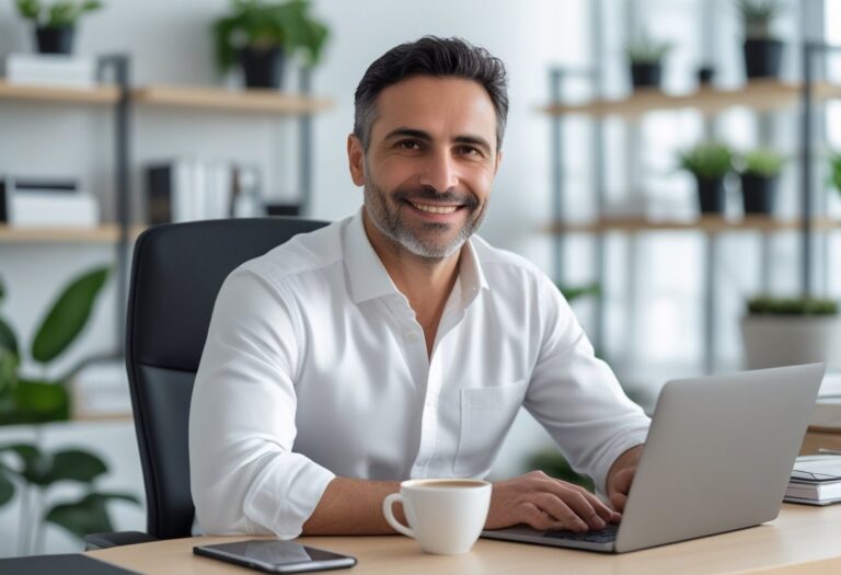 Homem de meia-idade sentado em uma mesa de escritório moderna, sorrindo e olhando para a câmera.