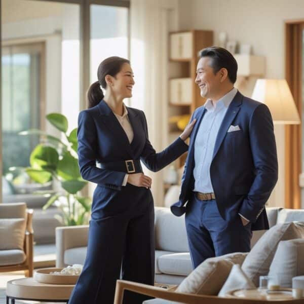 Três adultos em uma sala de estar moderna, com uma mulher confiante conversando com um homem feliz enquanto outro homem observa ao fundo.