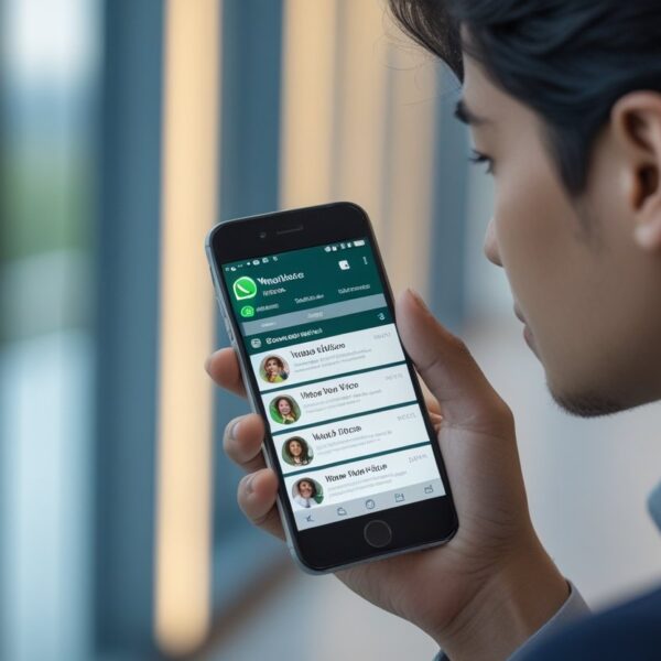 Pessoa segurando um smartphone mostrando a tela do WhatsApp com a seção de status aberta, em um ambiente interno bem iluminado.