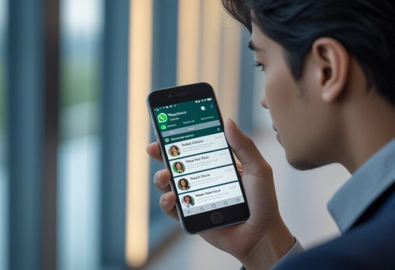Pessoa segurando um smartphone mostrando a tela do WhatsApp com a seção de status aberta, em um ambiente interno bem iluminado.
