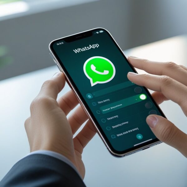 Pessoa segurando um smartphone com o aplicativo WhatsApp aberto, interagindo com as configurações de privacidade.