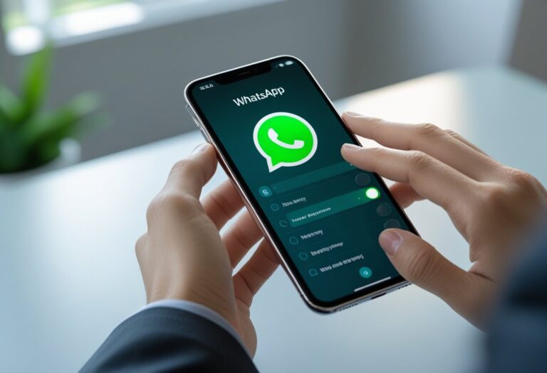 Pessoa segurando um smartphone com o aplicativo WhatsApp aberto, interagindo com as configurações de privacidade.
