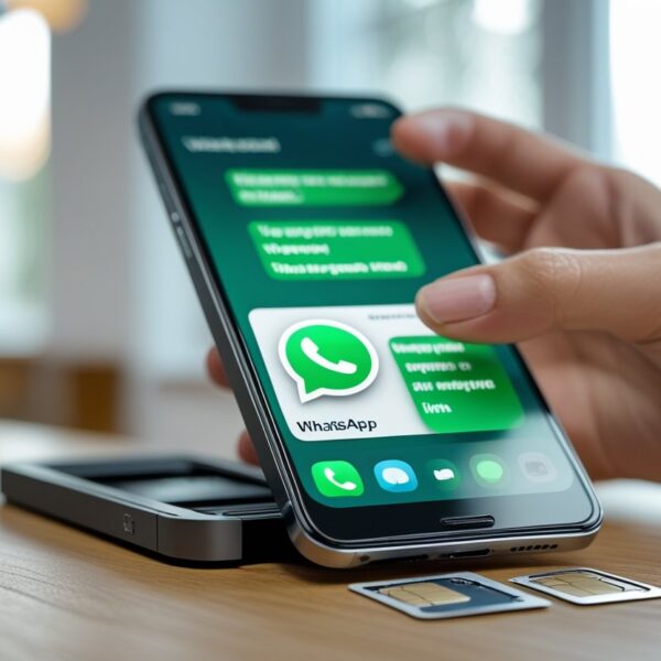 Smartphone com a bandeja do chip parcialmente ejetada, mostrando o chip sendo removido, com a tela do WhatsApp aberta.