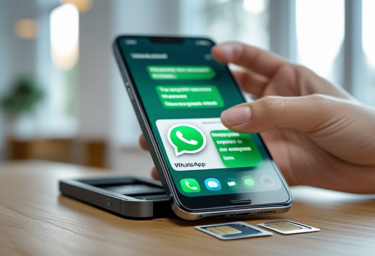 Smartphone com a bandeja do chip parcialmente ejetada, mostrando o chip sendo removido, com a tela do WhatsApp aberta.