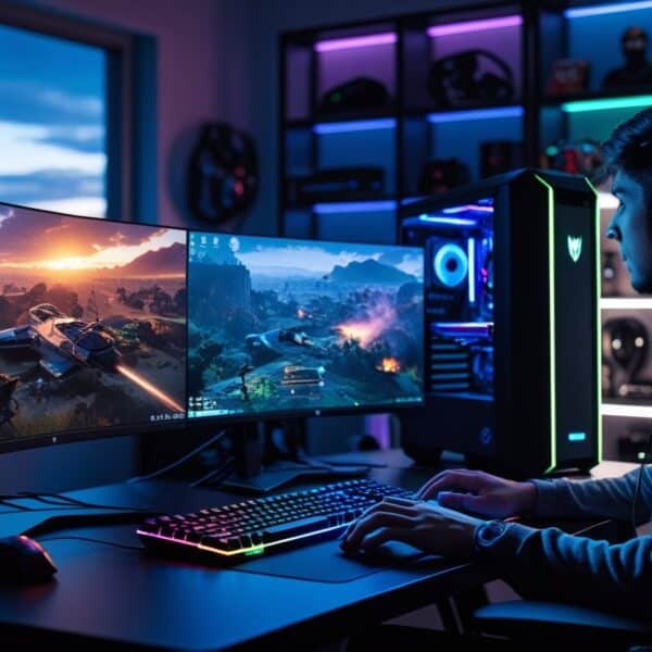 Um jogador concentrado diante de um computador com múltiplos monitores exibindo gráficos detalhados de um jogo complexo e pesado, em um ambiente com iluminação colorida e acessórios de jogos.