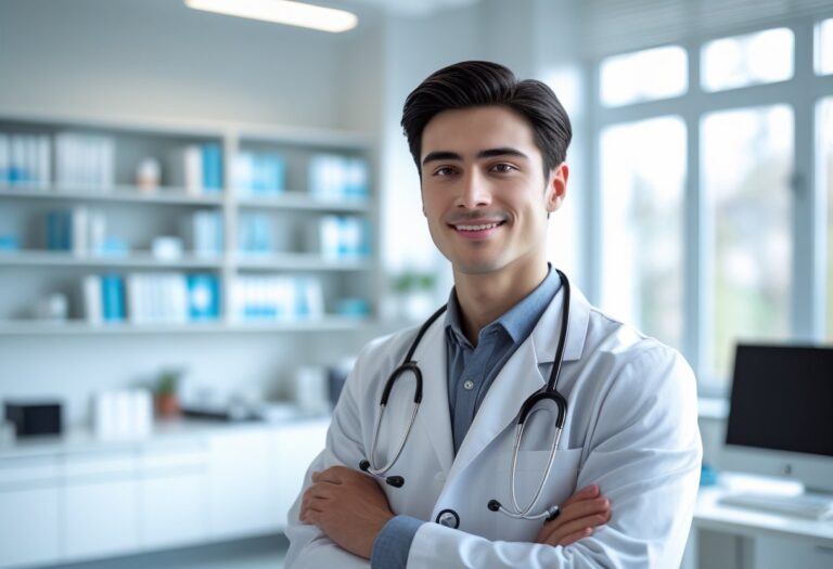 Médico jovem de jaleco branco em consultório médico moderno, sorrindo e com estetoscópio no pescoço.