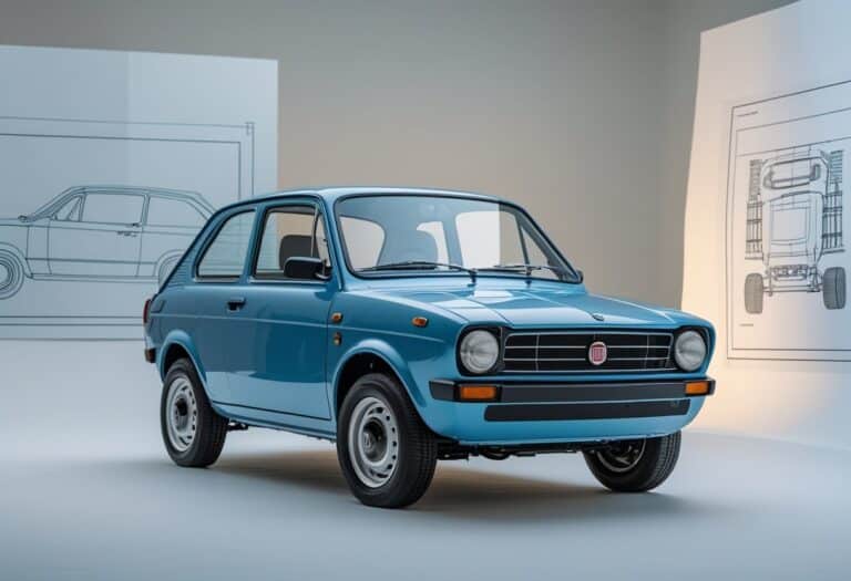Um carro Fiat Uno clássico exibido em estúdio com fundo neutro, mostrando sua forma compacta e detalhes do design.