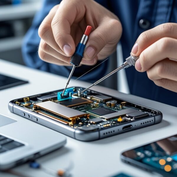Técnico reparando a antena interna de um smartphone em uma bancada de trabalho organizada.