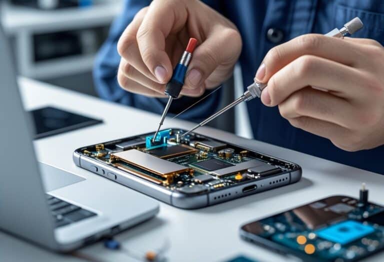 Técnico reparando a antena interna de um smartphone em uma bancada de trabalho organizada.
