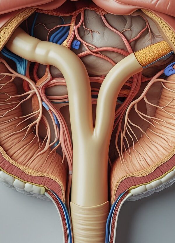 Ilustração médica mostrando o estômago em corte transversal com o piloro aberto, permitindo a passagem para o intestino.