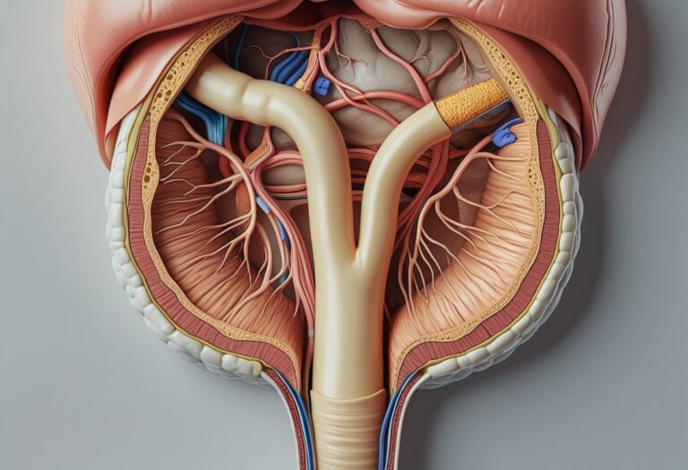 Ilustração médica mostrando o estômago em corte transversal com o piloro aberto, permitindo a passagem para o intestino.