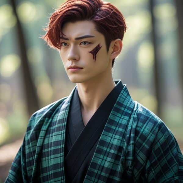 Jovem homem com cabelo castanho-avermelhado curto e uma cicatriz na testa, vestindo uma jaqueta tradicional japonesa xadrez preta e verde, em uma floresta com luz suave do sol.