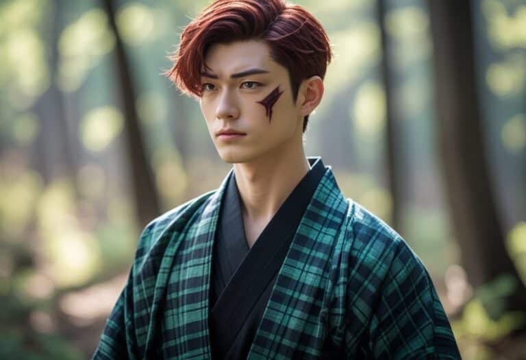 Jovem homem com cabelo castanho-avermelhado curto e uma cicatriz na testa, vestindo uma jaqueta tradicional japonesa xadrez preta e verde, em uma floresta com luz suave do sol.