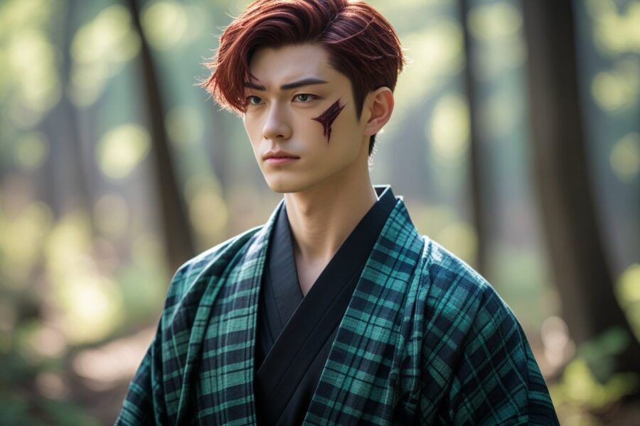 Jovem homem com cabelo castanho-avermelhado curto e uma cicatriz na testa, vestindo uma jaqueta tradicional japonesa xadrez preta e verde, em uma floresta com luz suave do sol.