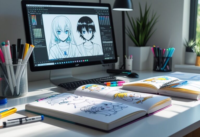 Mesa de trabalho organizada com materiais de desenho e esboços de personagens, iluminada por luz natural suave.