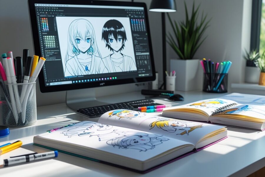 Mesa de trabalho organizada com materiais de desenho e esboços de personagens, iluminada por luz natural suave.