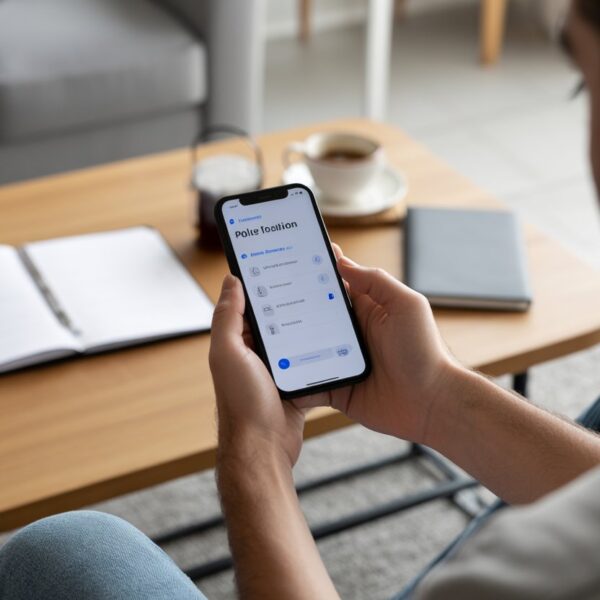 Pessoa segurando um celular e olhando para a tela com expressão de atenção em uma sala de estar moderna.