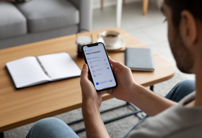 Pessoa segurando um celular e olhando para a tela com expressão de atenção em uma sala de estar moderna.