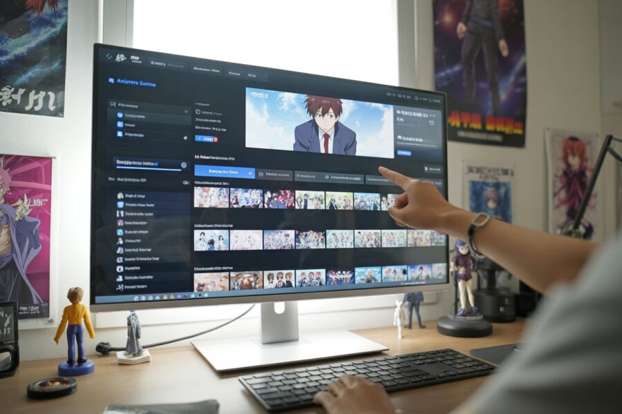 Um ambiente de trabalho moderno com um computador mostrando uma plataforma de streaming aberta com uma série de anime, com figuras e pôsteres de anime ao redor e uma mão apontando para a tela.