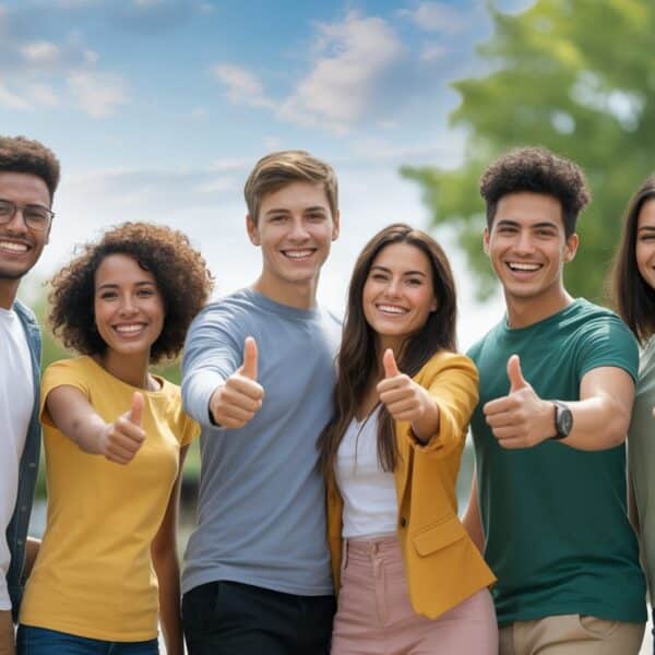 Grupo de jovens sorrindo e fazendo gesto de positivo com o polegar levantado em um ambiente ao ar livre ensolarado.