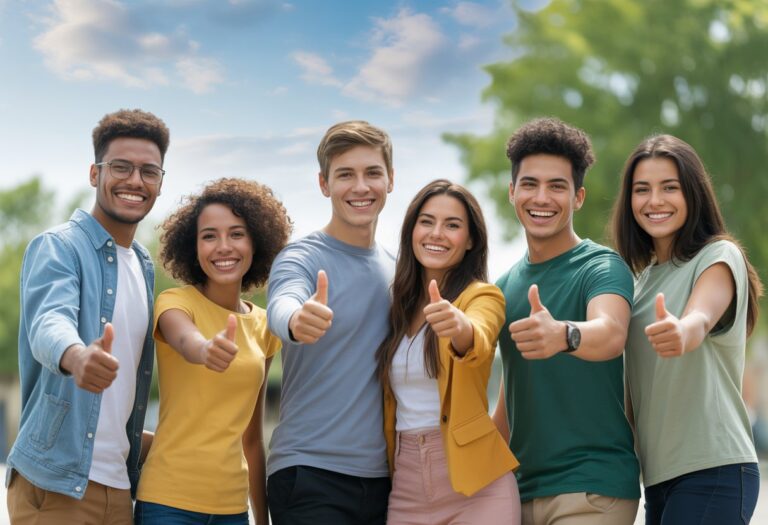 Grupo de jovens sorrindo e fazendo gesto de positivo com o polegar levantado em um ambiente ao ar livre ensolarado.