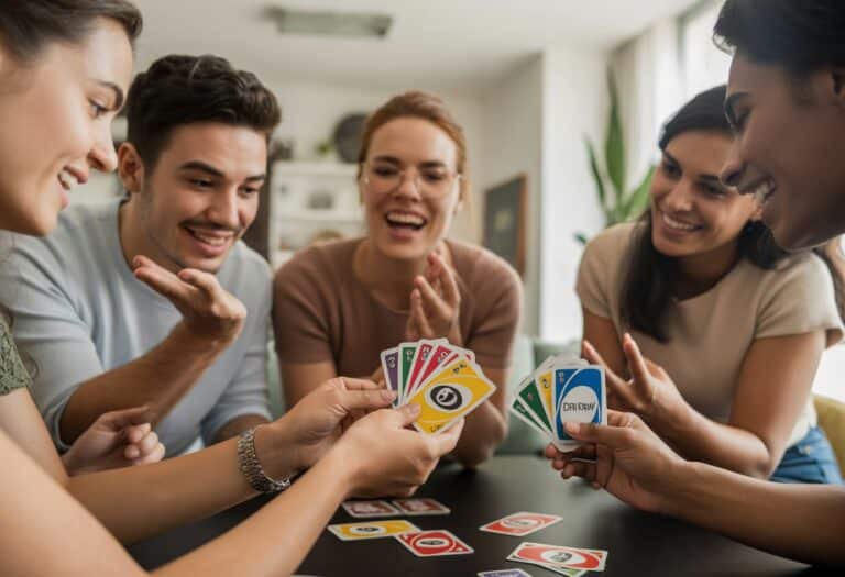 Grupo de amigos jogando cartas em uma mesa, discutindo durante o jogo.