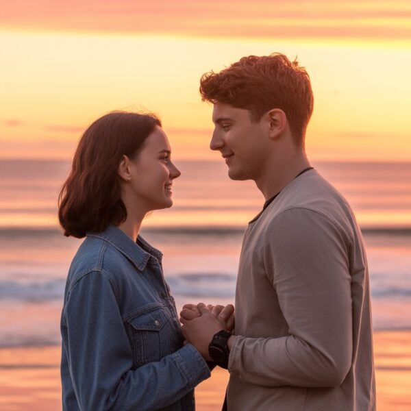 Um casal jovem de mãos dadas olhando um para o outro na praia ao pôr do sol.