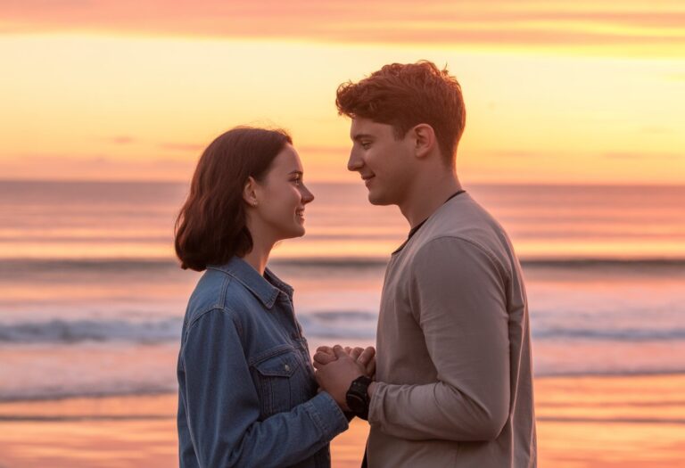Um casal jovem de mãos dadas olhando um para o outro na praia ao pôr do sol.