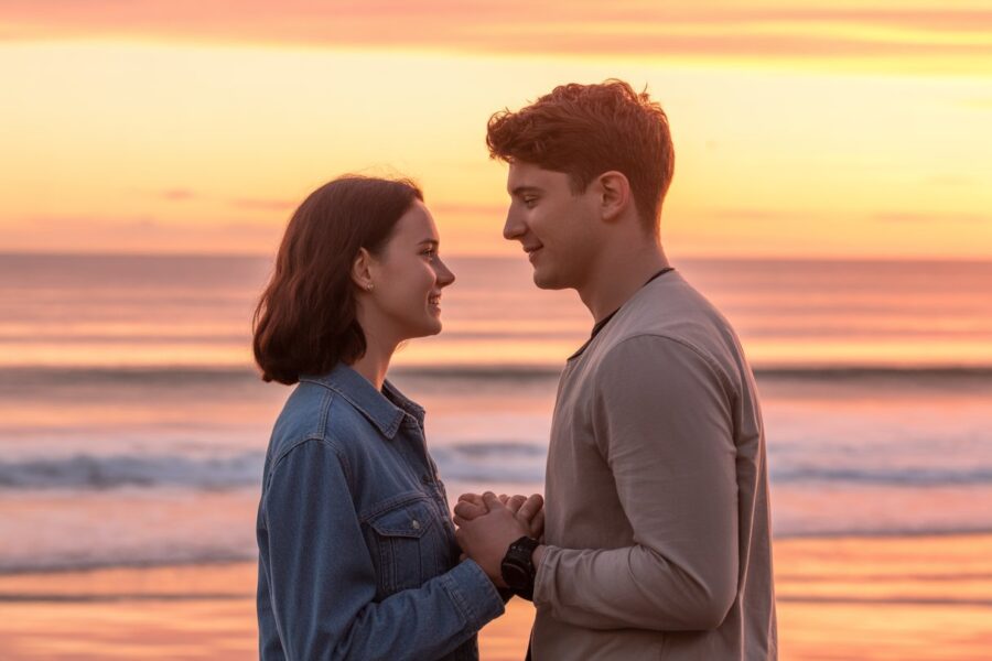 Um casal jovem de mãos dadas olhando um para o outro na praia ao pôr do sol.