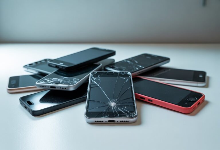 Vários celulares antigos e danificados espalhados sobre uma superfície branca.