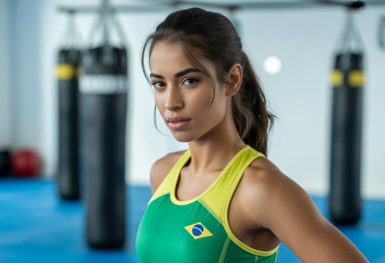 Jovem mulher brasileira em roupa esportiva verde e amarela, posando com expressão determinada em uma academia moderna.